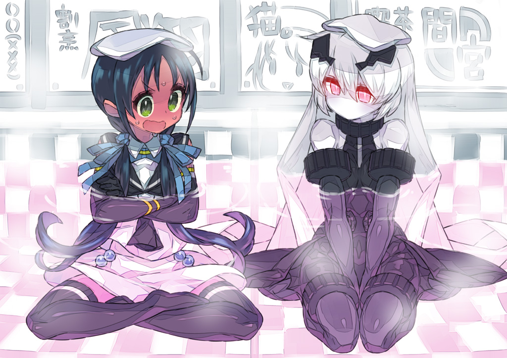 2girls, anchorage_oni, bath, bathing, black_hair, crossed_arms, crossed_legs, glowing, glowing_eyes, green_eyes, hair_ribbon, kantai_collection, long_hair, multiple_girls, open_mouth, pale_skin, partially_submerged, personification, pomelocandy, red_eyes, red_skin, ribbon, shinkaisei-kan, sitting, suzukaze_(kantai_collection), sweat, thighhighs, towel, towel_on_head, wavy_mouth, white_hair