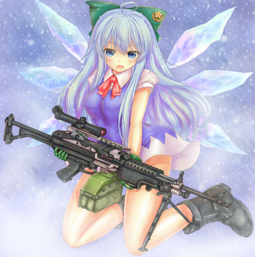 1girl, ahoge, alternate_hair_length, alternate_hairstyle, bare_legs, bipod, blue_eyes, blue_hair
