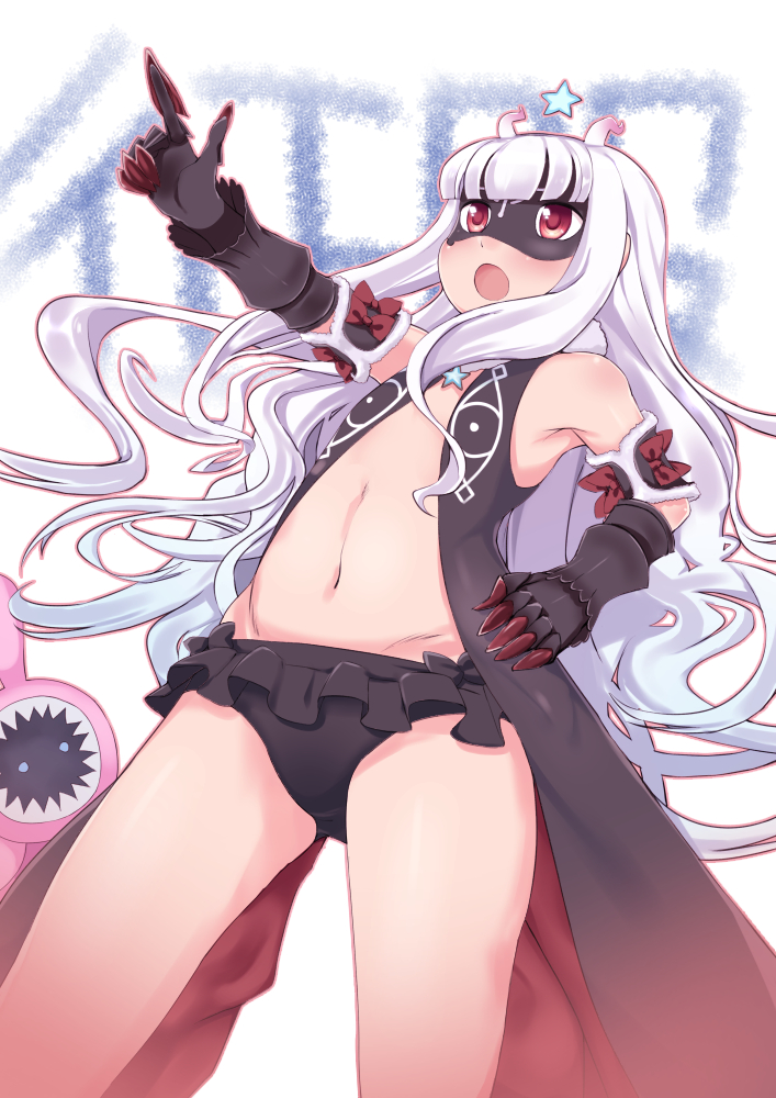 1girl, antenna_hair, aratsuka, bangs, bare_shoulders, blunt_bangs, gauntlets, gloves