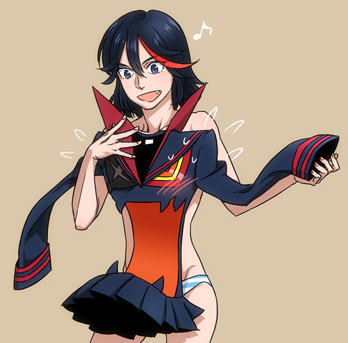 1girl, black_hair, blue_eyes, brown_background, claptrack, kill_la_kill, living_clothes, matoi_ryuuko