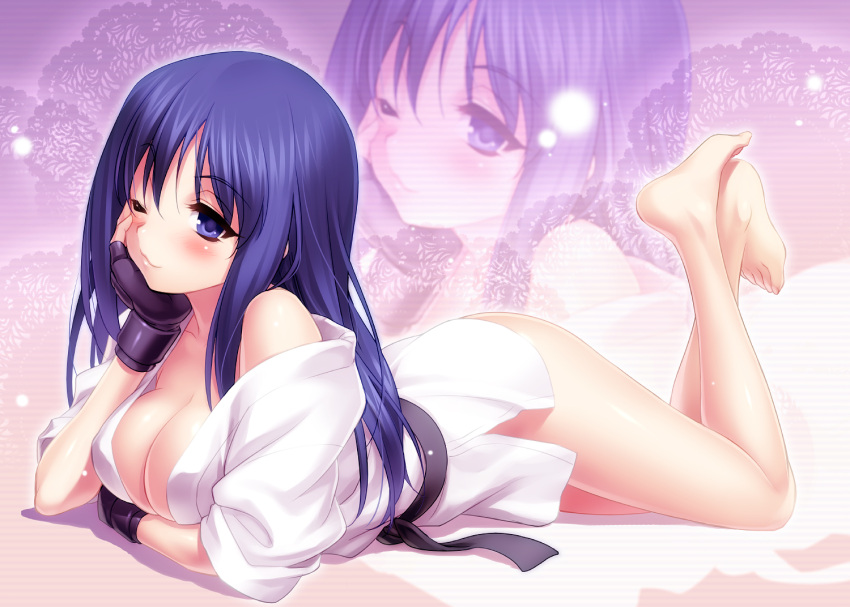 1girl, bare_shoulders, black_gloves, blush, bottomless, breasts, cleavage, fingerless_gloves