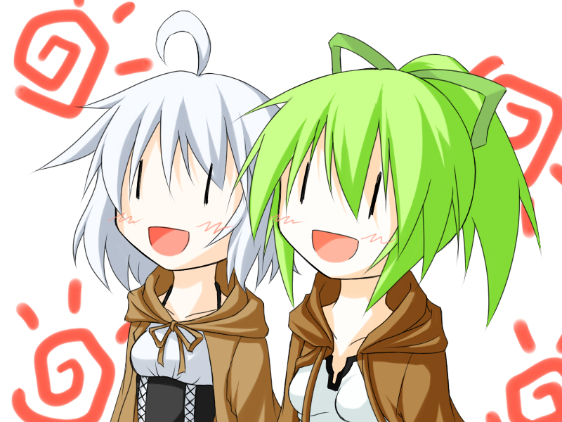 2girls, =d, ahoge, blush, breasts, duel_monster, green_hair, jacket