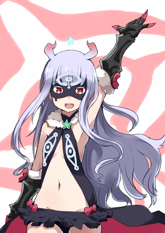 1girl, antenna_hair, arm_up, gauntlets, hoshimiya_kate, long_hair, looking_at_viewer, mask
