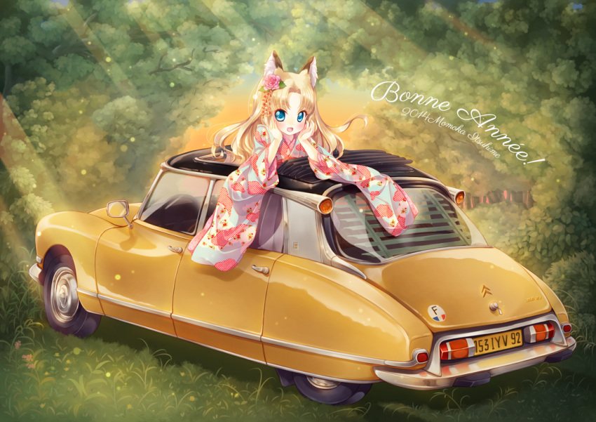 1girl, 2014, animal_ears, blonde_hair, blue_eyes, car, citroen, flower