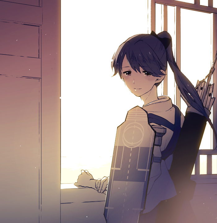 1girl, arrow, black_hair, houshou_(kantai_collection), japanese_clothes, kantai_collection, kazunon, light_smile