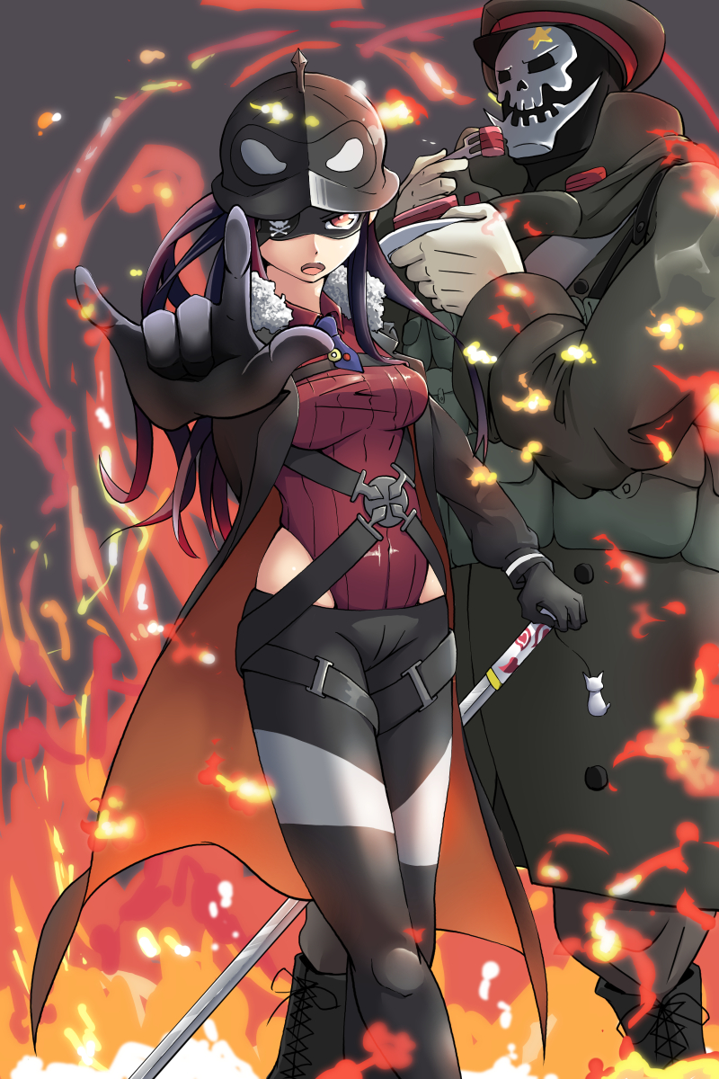 1boy, 1girl, belt, boots, cake, coat, eyepatch, face_mask