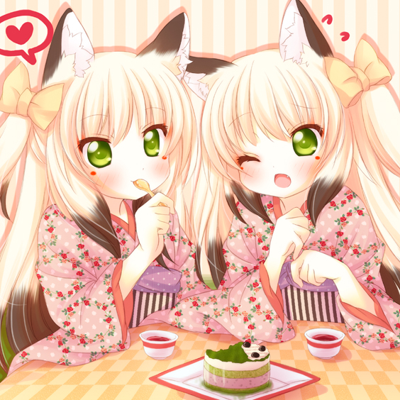 2girls, animal_ears, blonde_hair, bow, cake, cup, eating, fang