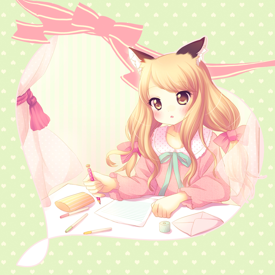 1girl, animal_ears, blonde_hair, bow, brown_eyes, crayon, curtains, desk