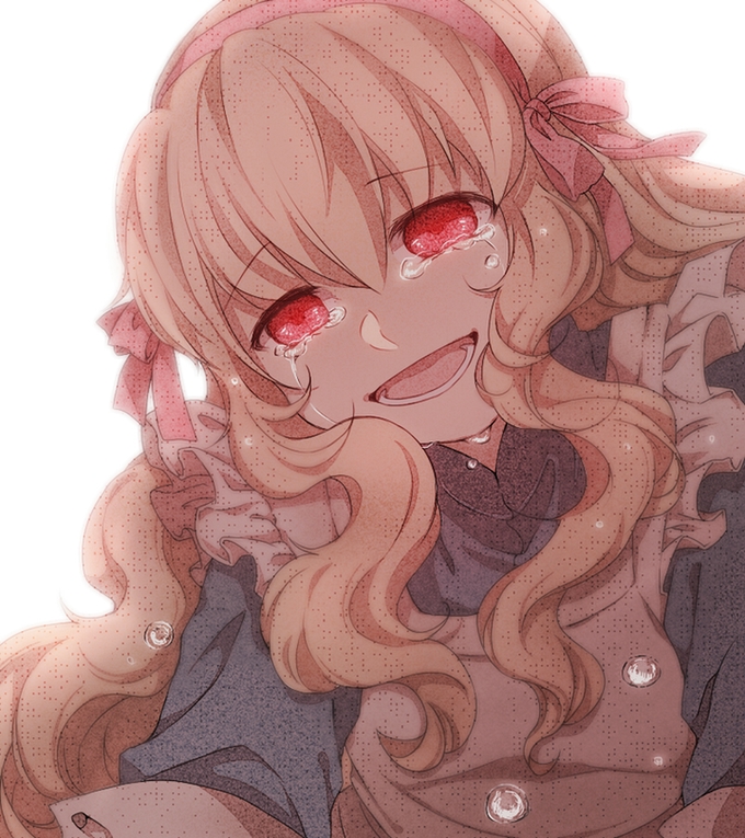 1girl, blonde_hair, commentary, dress, kagerou_project, kozakura_mary, long_hair, red_eyes