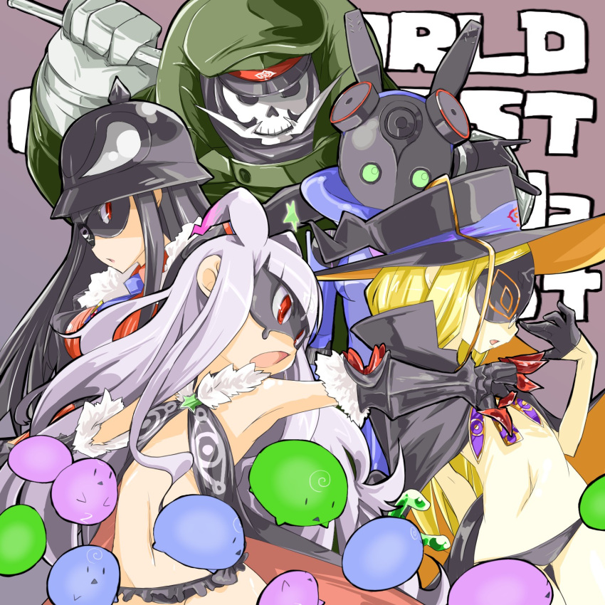 1boy, 4girls, antenna_hair, armpits, bare_shoulders, black_gloves, black_hair, black_panties