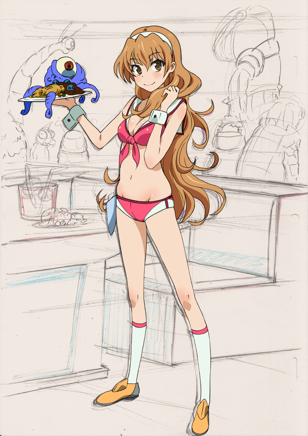 1girl, bikini_top, breasts, brown_eyes, brown_hair, cleavage, cosplay, crossover