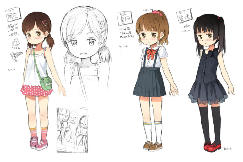 3girls, bag, black_hair, blush, brown_eyes, brown_hair, camisole, character_request