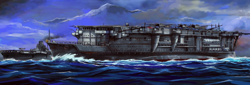 a6m_zero, aircraft_carrier, airplane, cloudy_sky, commentary_request, imperial_japanese_navy, japanese_flag, jun'you_(aircraft_carrier)