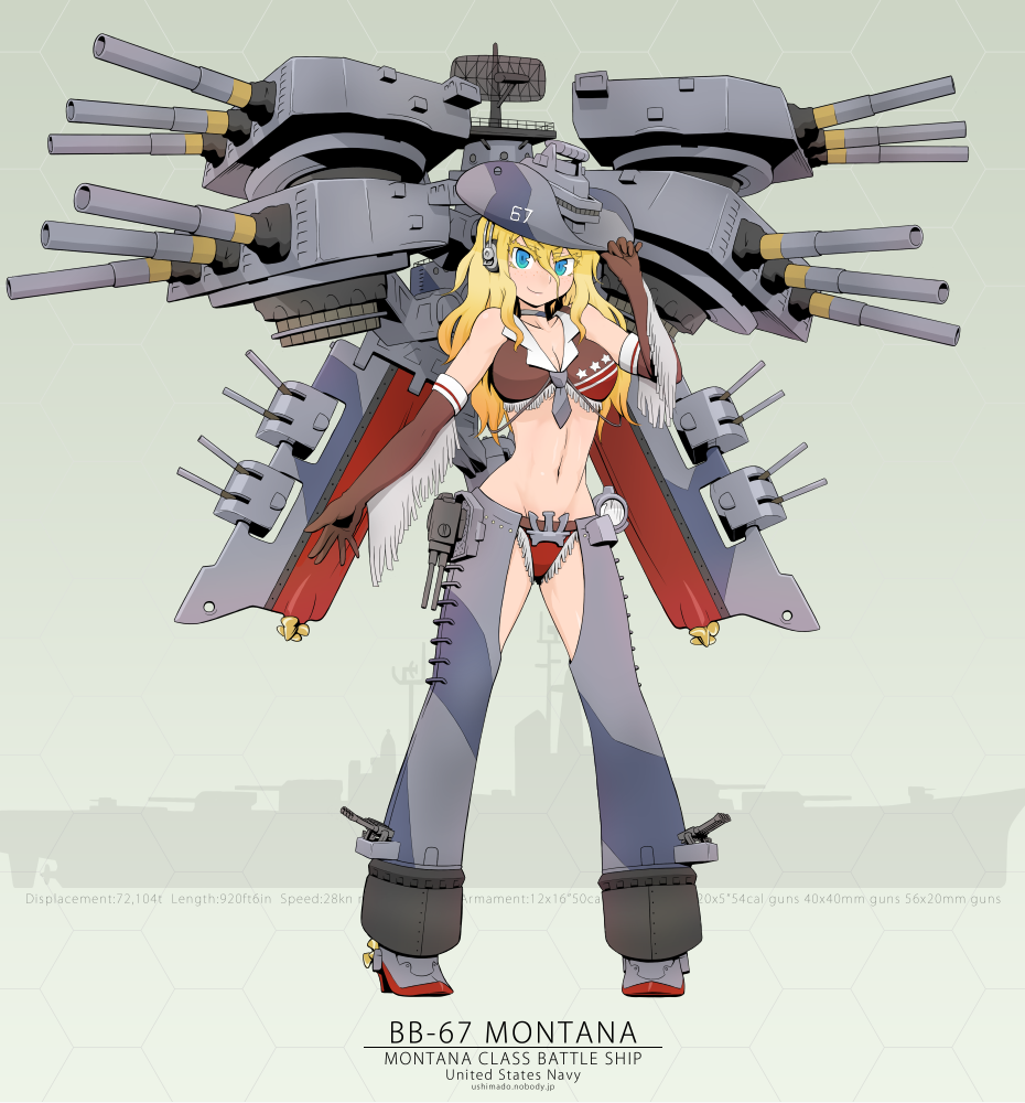 1girl, adjusting_clothes, adjusting_hat, blonde_hair, blue_eyes, breasts, cannon, chaps, choker, cleavage, cowboy_hat, elbow_gloves, gloves, hat, hex_grid, kantai_collection, long_hair, midriff, original, personification, radar, smile, solo, turret, us_navy, ushimado, uss_montana_(bb-67)