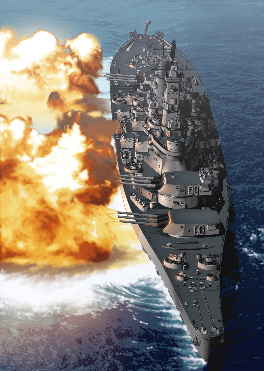 battleship, byeontae_jagga, cannon, firing, highres, military, ocean, original