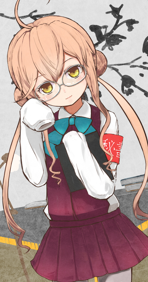 1girl, adjusting_glasses, arm_garter, blush, book, glasses, gymno, kantai_collection