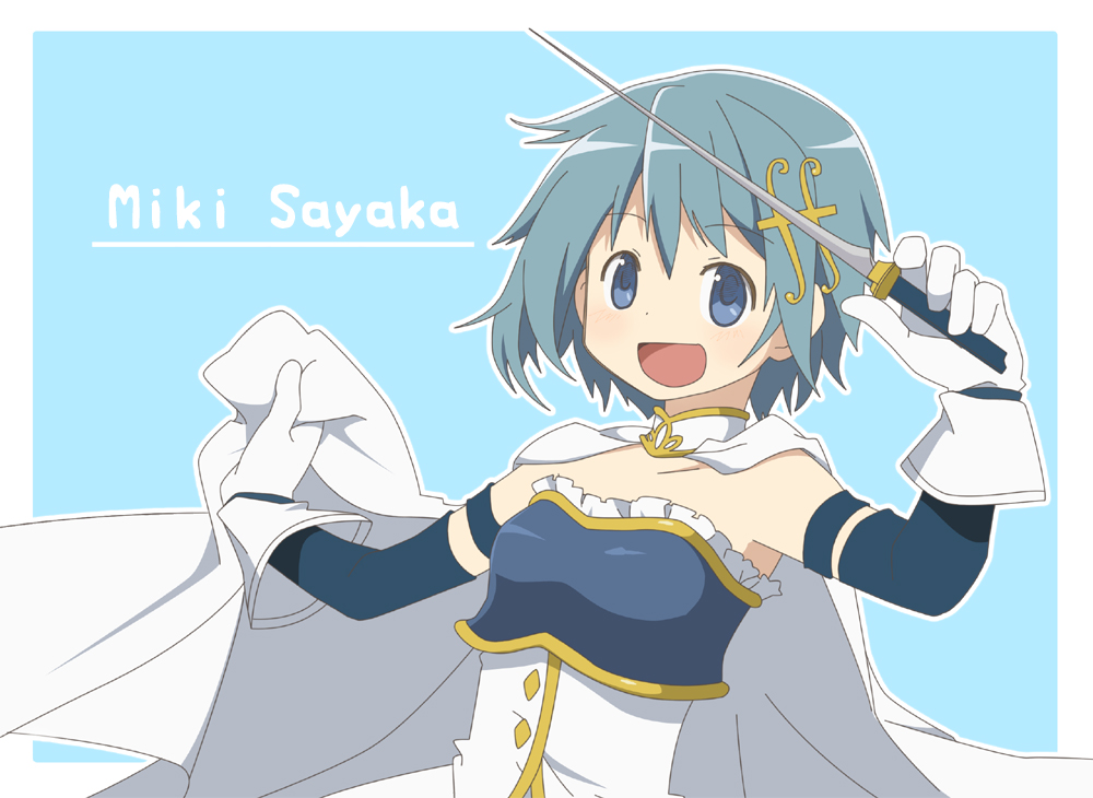 1girl, :d, baton_(instrument), blue_background, blue_eyes, blue_hair, cape, character_name