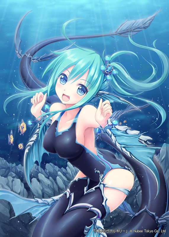 1girl, akkijin, aqua_hair, blue_eyes, fang, fish, hair_ornament, leviathan_(shinkai_no_valkyrie)