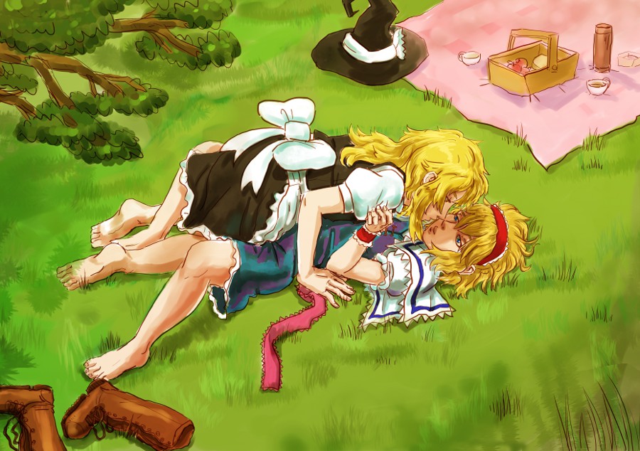 2girls, alice_margatroid, arm_warmers, barefoot, blue_eyes, boots, bow, branch, capelet, cup, girl_on_top, grass, hairband, hand_on_another's_shoulder, hat, hat_removed, headwear_removed, incipient_kiss, kirisame_marisa, lolita_hairband, maarika, multiple_girls, picnic, picnic_basket, puffy_sleeves, shoes_removed, short_hair, teacup, thermos, touhou, witch_hat, yuri