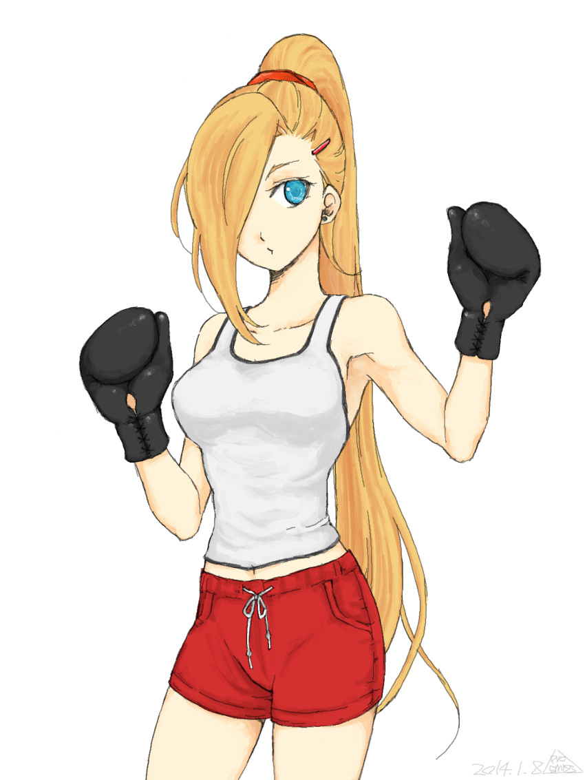 blonde_hair, blue_eyes, boxing_gloves, hair_ornament, hair_over_one_eye, hairclip, highres, naruto, ponytail, purosumisu, yamanaka_ino