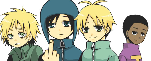 black_hair, blonde_hair, blue_eyes, butters_stotch, clothes, craig_tucker, dark_skin, green_eyes