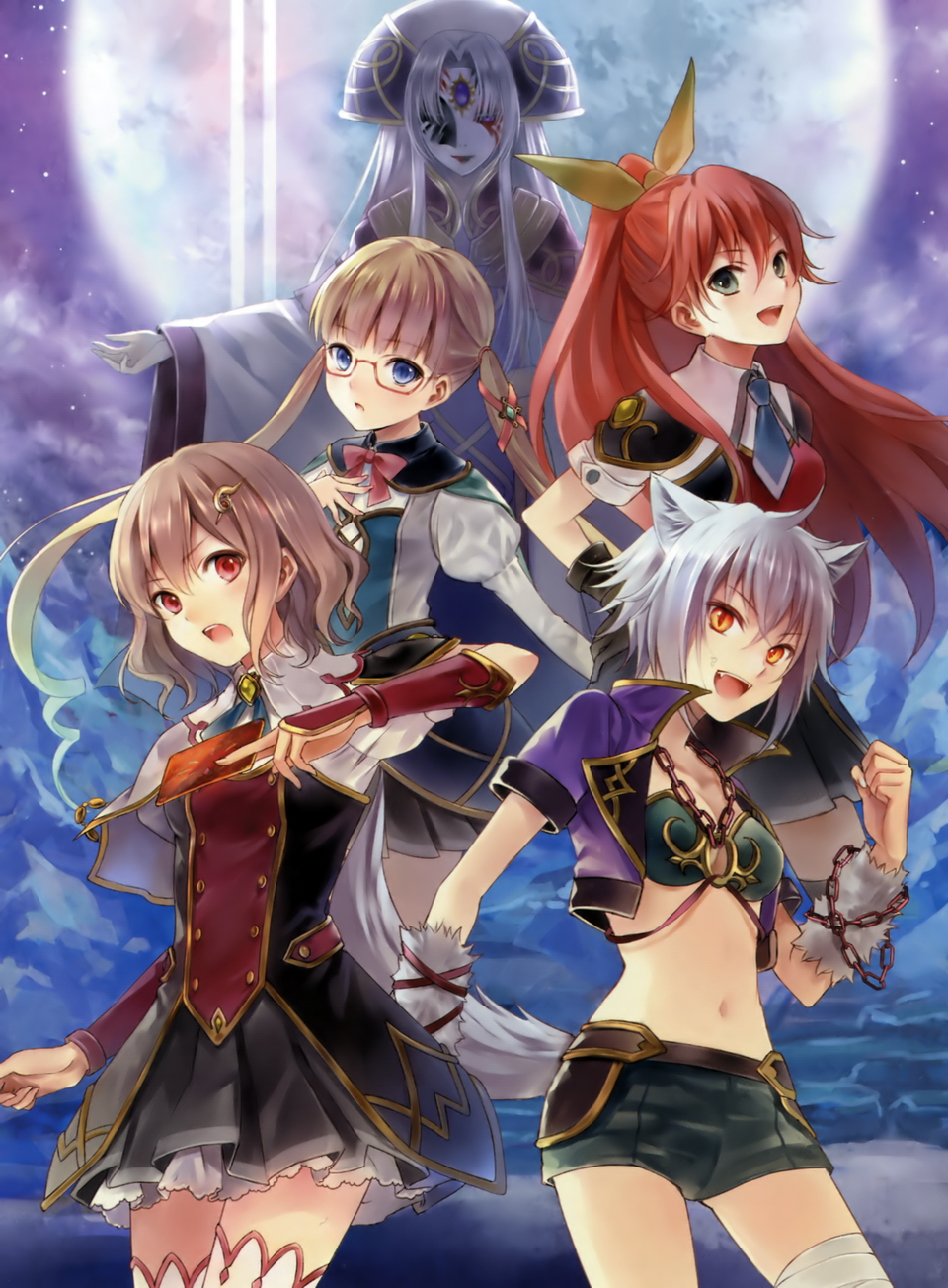 5girls, animal_ears, blue_eyes, brown_hair, card, elsa_(genkai_tokki_monster_monpiece), fang, fia_(genkai_tokki_monster_monpiece)