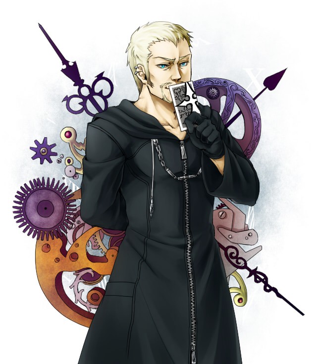 1boy, beard, blonde_hair, blue_eyes, card, cloak, doyamatsu, earrings