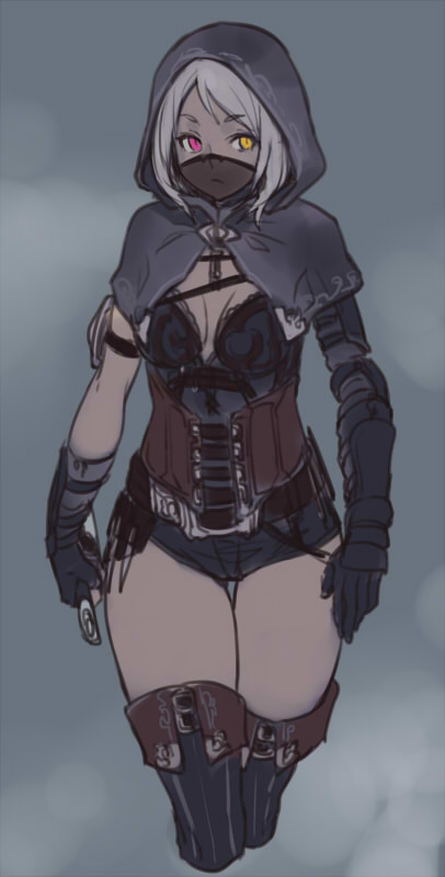 1girl, assassin, belt, boots, breasts, cleavage, gloves, heterochromia