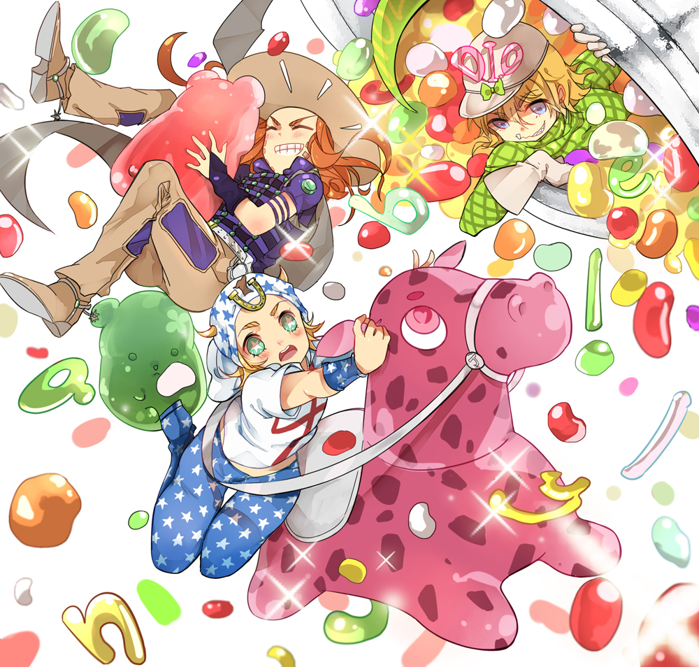 3boys, blonde_hair, brown_hair, candy, diego_brando, gummy_bear, gyro_zeppeli, honya1