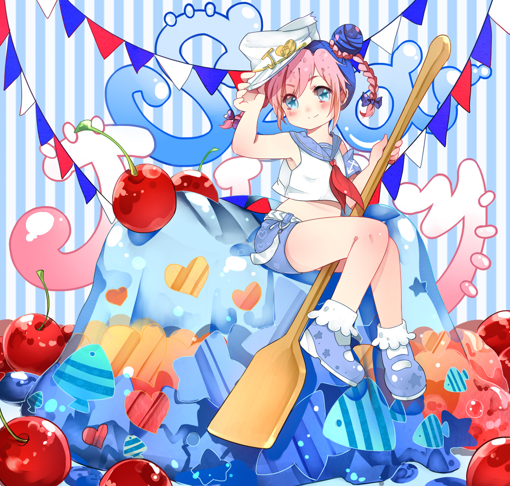 1girl, blue_eyes, blue_hair, braid, cherry, child, double_bun, food