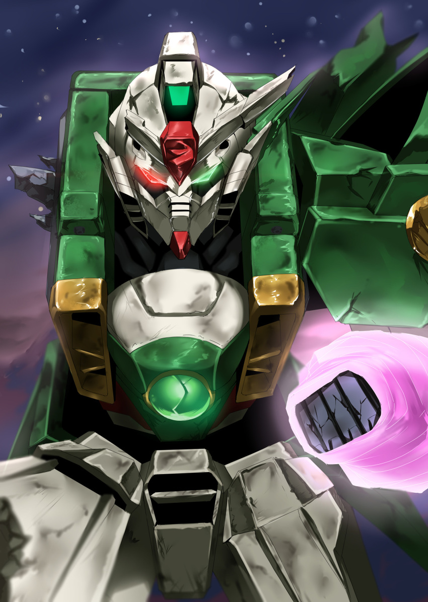 amputee, crack, damaged, glowing, green_eyes, gundam, gundam_build_fighters, heirou