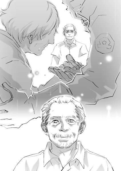 1girl, 2boys, bed, comic, eien_no_zero, gloves, holding_hands, husband_and_wife