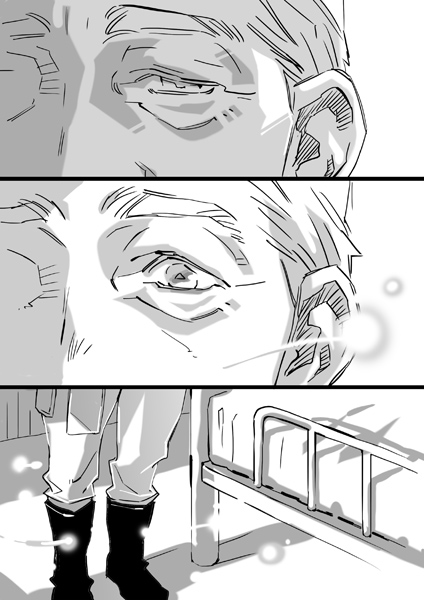 2boys, bed, boots, comic, eien_no_zero, miyabe_kyuuzou, monochrome, multiple_boys