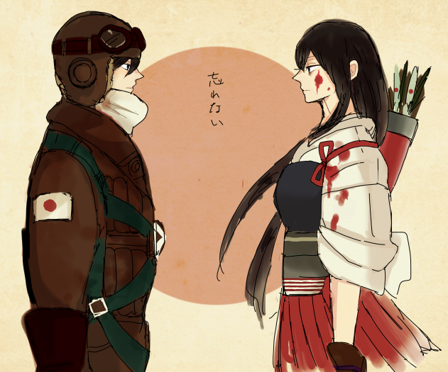 1boy, 1girl, akagi_(kantai_collection), arrow, blood, brown_hair, crossover, eien_no_zero