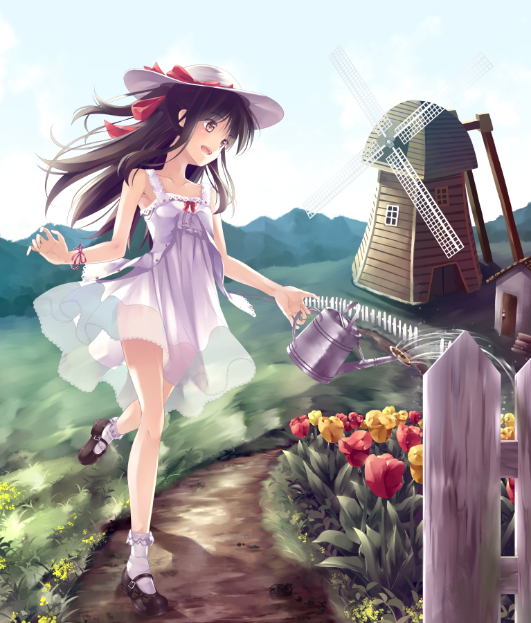 1girl, black_hair, flower, long_hair, original, outdoors, solo, soujun7023