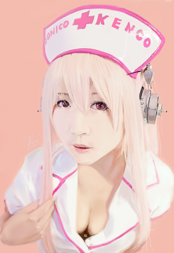 1girl, breasts, cleavage, ecchi_pantsu, headphones, long_hair, nitroplus, nurse