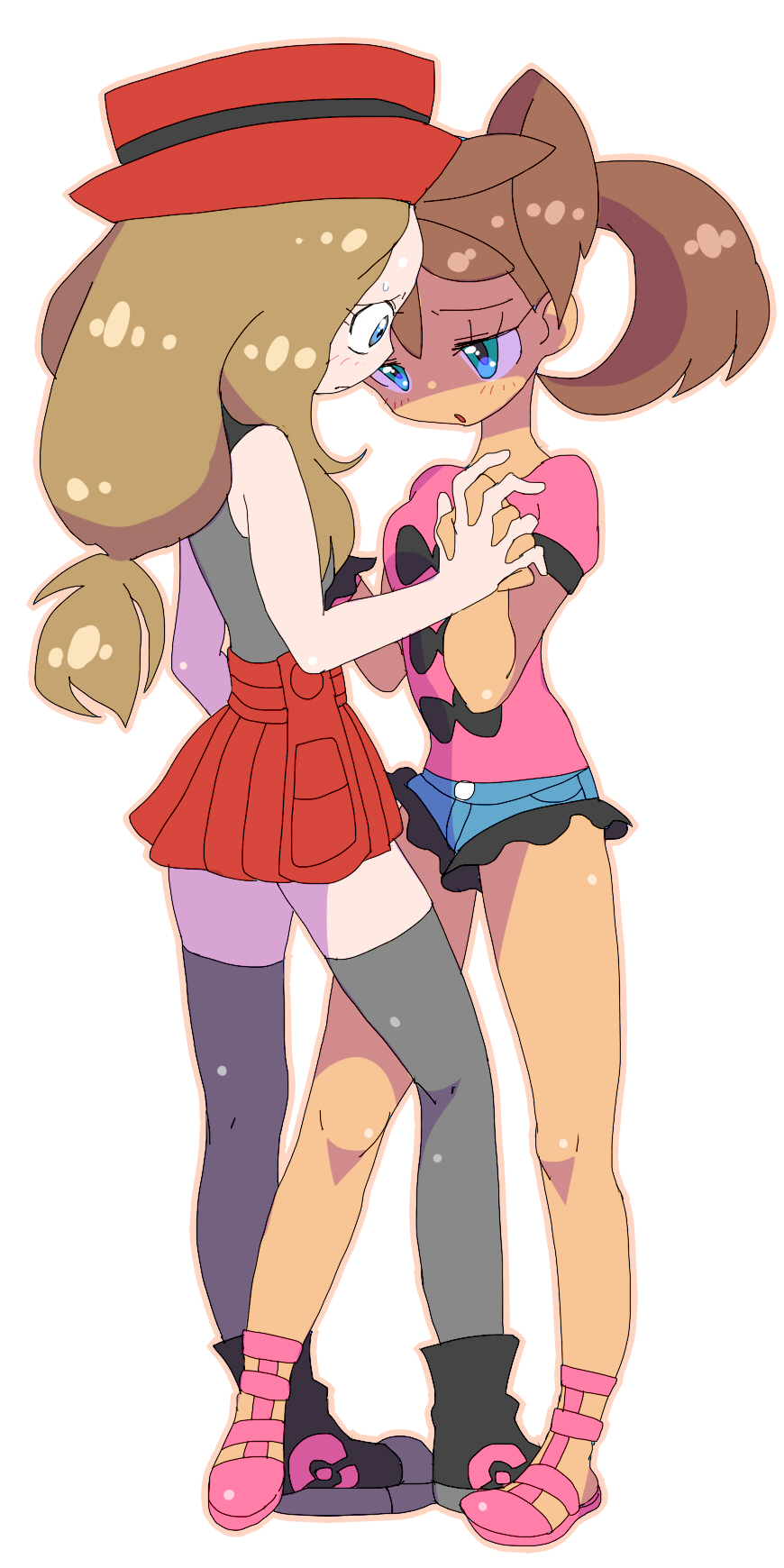 1girl, black_legwear, blonde_hair, blue_eyes, blush, brown_hair, dark_skin, green_eyes, hat, highres, long_hair, open_mouth, pokemon, pokemon_(game), pokemon_xy, sana_(pokemon), serena_(pokemon), skirt, sunglasses, sunglasses_on_head, thighhighs, tsui_ni_tsuin, twintails, yuri