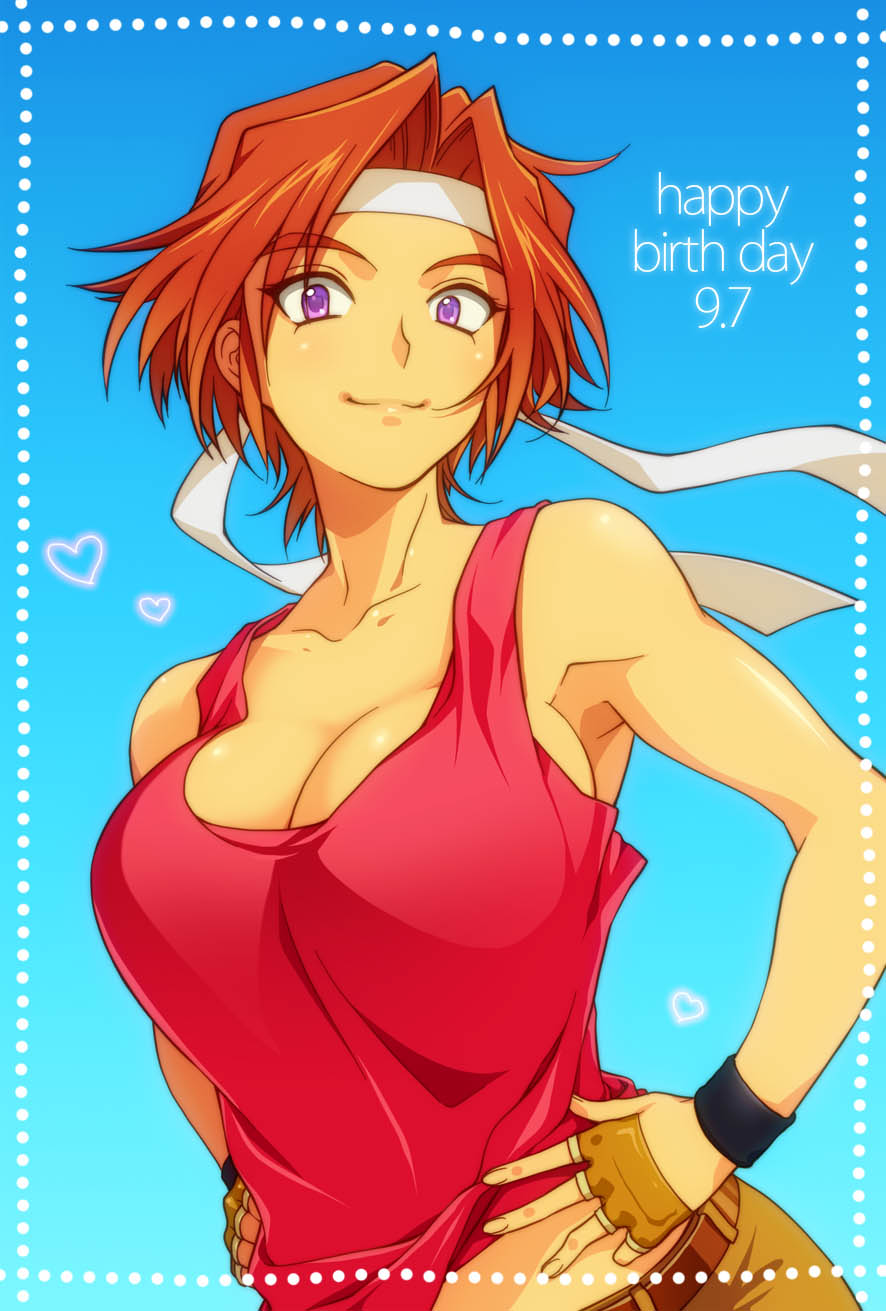 1girl, bandana, breasts, cleavage, happy_birthday, heart, highres, kirishima_kanna, nohko, redhead, sakura_taisen, short_hair, smile, solo, tank_top, violet_eyes, wristband