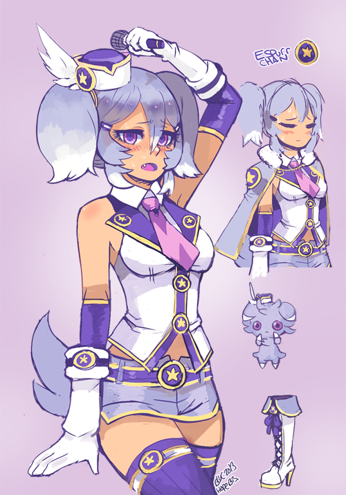1girl, blue_(hopebiscuit), breast_grab, detached_sleeves, espurr, fang, gloves, gradient_hair