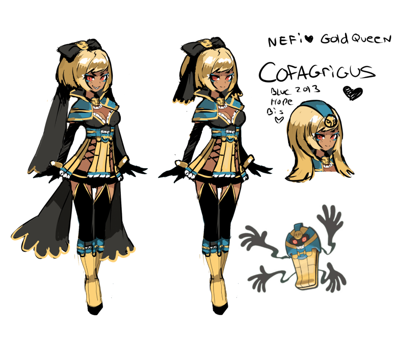 1girl, black_legwear, blonde_hair, blue_(hopebiscuit), boots, breasts, cleavage, cofagrigus, eyeliner, grin, knee_boots, long_hair, makeup, pauldrons, personification, pokemon, pokemon_(creature), pokemon_(game), pokemon_xy, red_eyes, smile, solo, thighhighs, updo