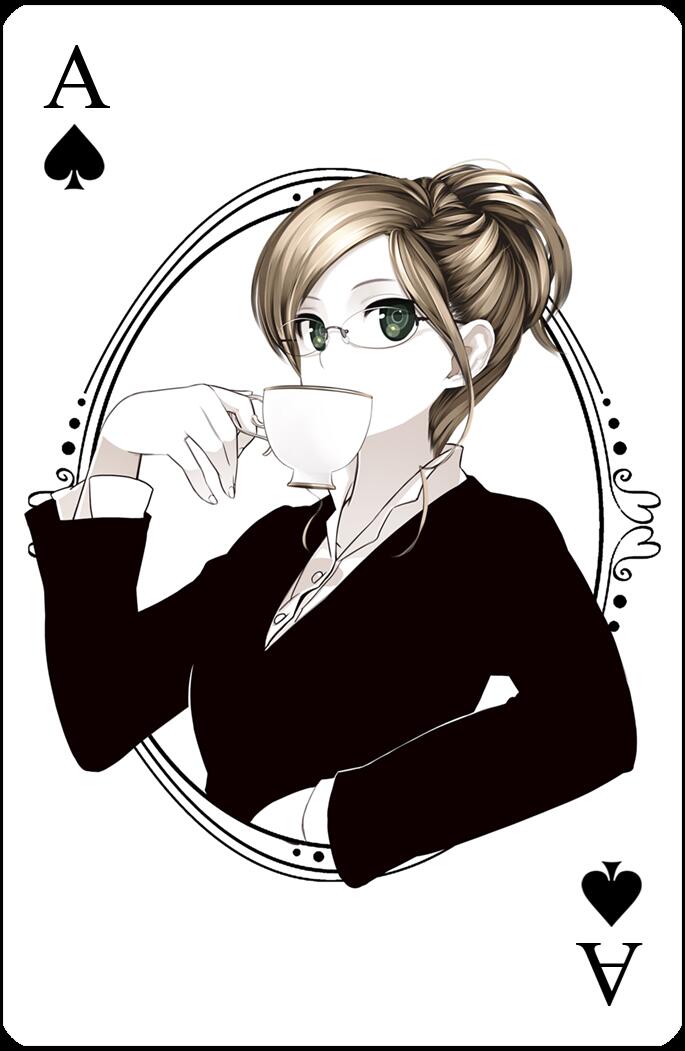 1girl, ace_of_spades, blonde_hair, business_suit, cup, dress_shirt, frame, glasses