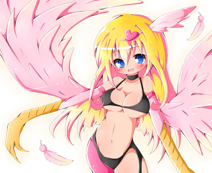 1girl, blonde_hair, blue_eyes, breasts, duel_monster, feathers, hair_ornament, harpie_girl