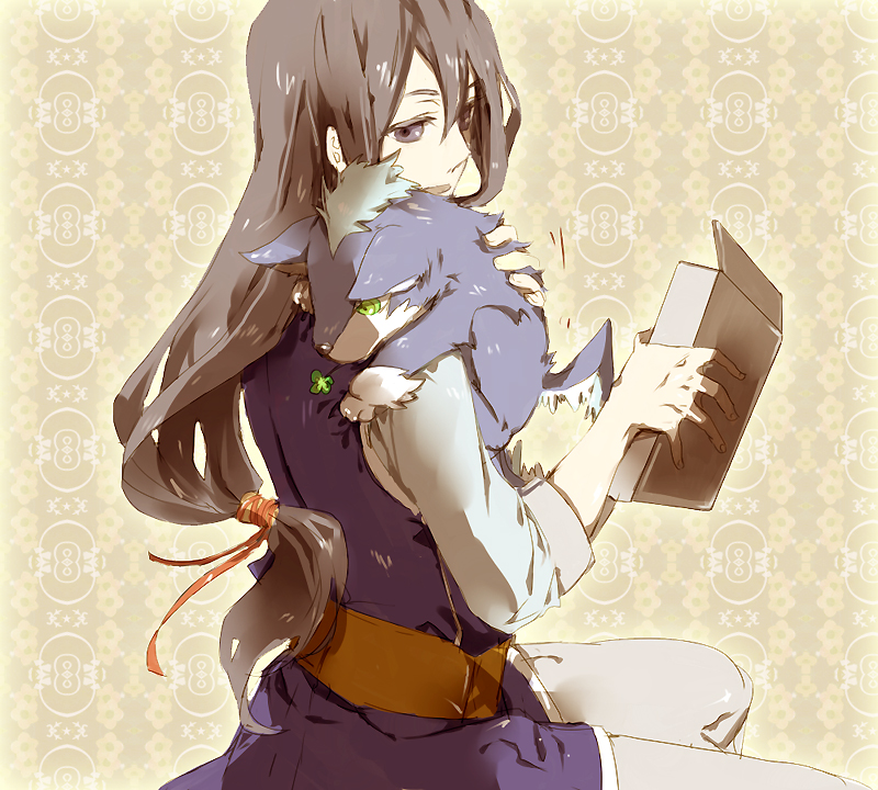 black_eyes, black_hair, clover, dog, four-leaf_clover, green_eyes, hakuk, long_hair