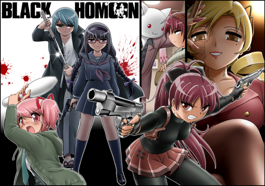 5girls, akemi_homura, black_lagoon, blonde_hair, blue_hair, blush, bowling_pin, braid, breasts, character_request, clenched_teeth, copyright_name, cosplay, cross, cross_necklace, drill_hair, fingernails, frown, glasses, gun, hairband, handgun, kaname_madoka, kyubey, lips, long_fingernails, long_hair, mahou_shoujo_madoka_magica, miki_sayaka, multiple_girls, open_mouth, parody, parted_lips, pink_hair, sakura_kyouko, sandals, school_uniform, shingyouji_tatsuya, skirt, sunglasses, sword, tomoe_mami, twin_braids, twin_drills, weapon