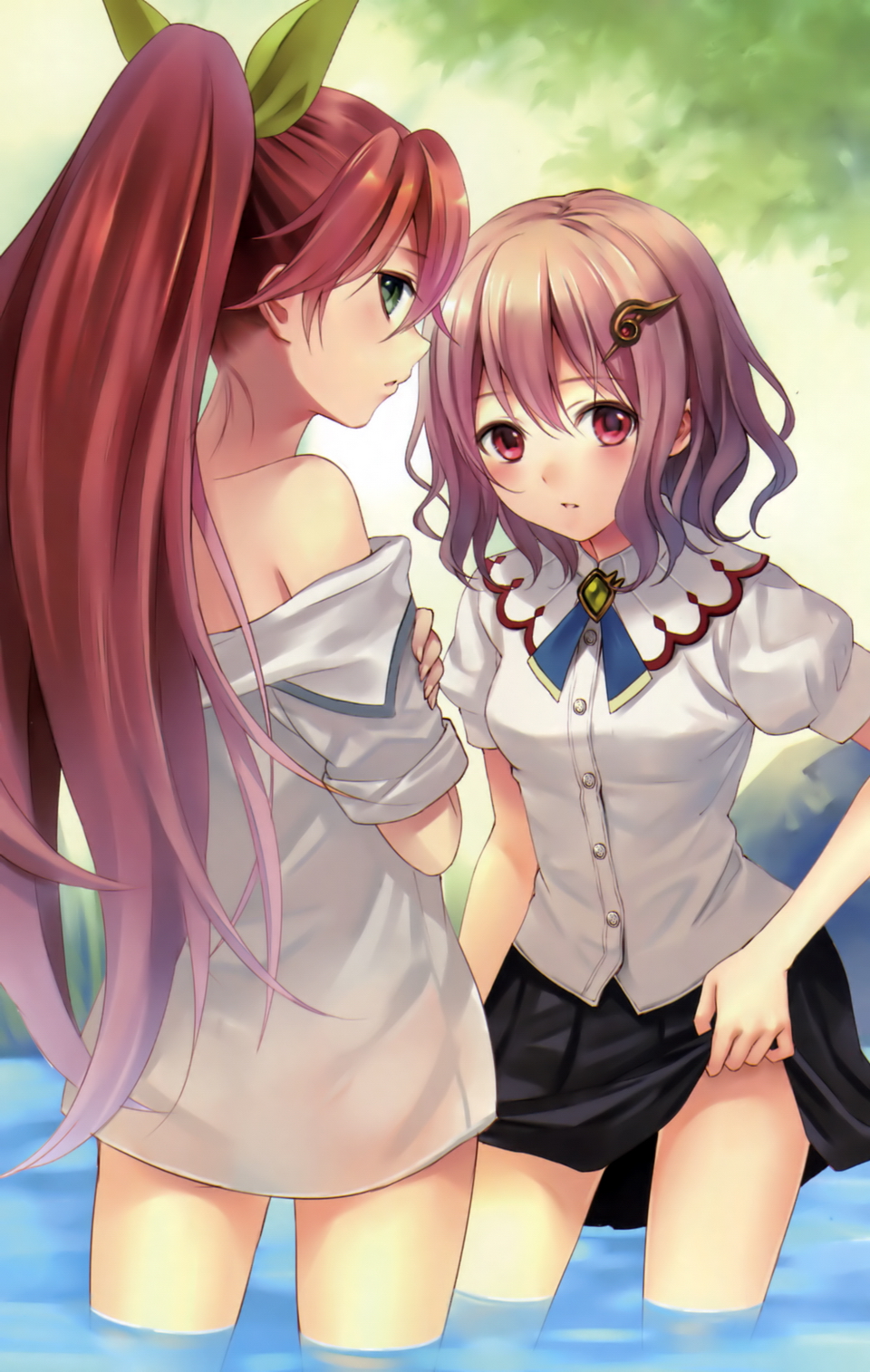 2girls, bare_shoulders, blush, brown_hair, elsa_(genkai_tokki_monster_monpiece), fukahire_sanba, genkai_tokki_monster_monpiece, green_eyes