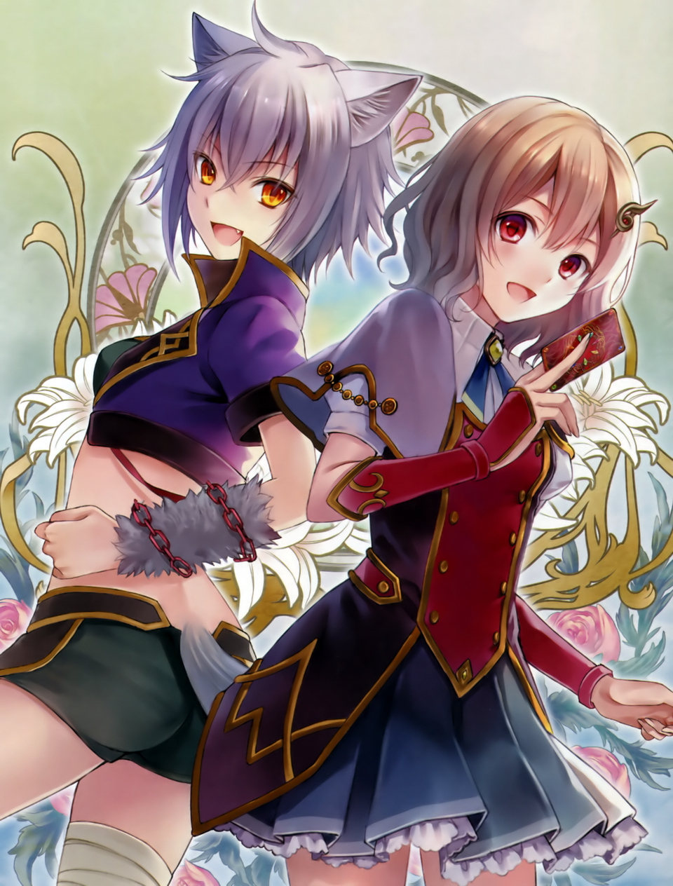 2girls, animal_ears, bandaged_leg, brown_hair, card, chain, fang, fia_(genkai_tokki_monster_monpiece)