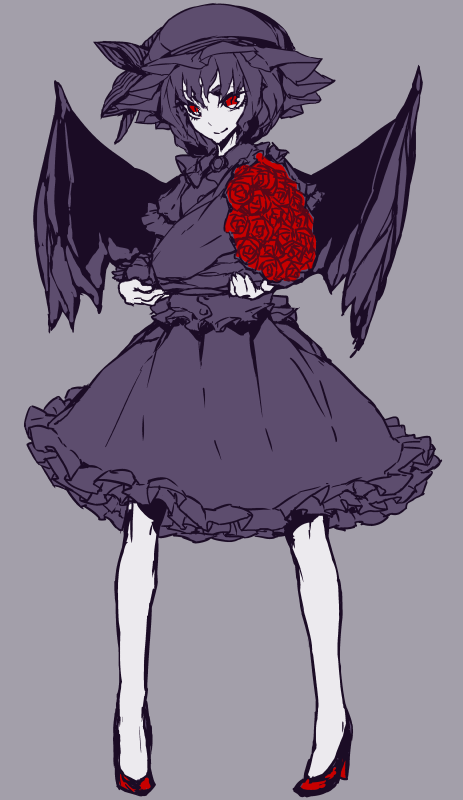 1girl, bat_wings, bouquet, bow, flower, frilled_skirt, frills, grey_background
