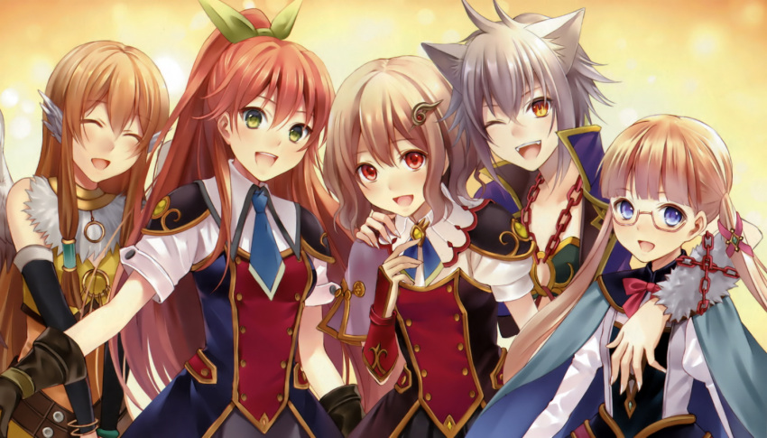 5girls, animal_ears, blonde_hair, blue_eyes, brown_hair, chain, closed_eyes, elbow_gloves