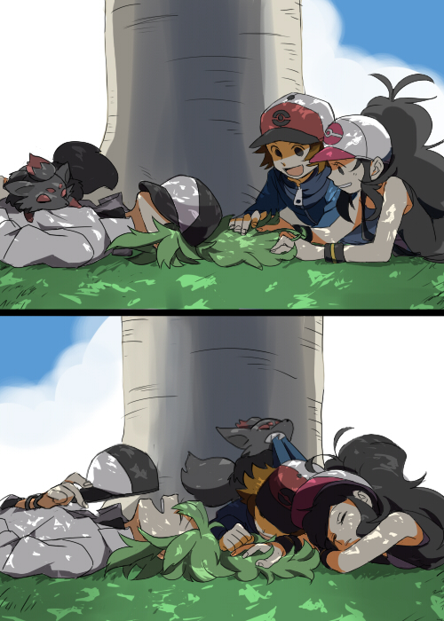 2boys, baseball_cap, brown_eyes, brown_hair, closed_eyes, grass, green_hair, hat, hat_over_eyes, laughing, long_hair, lying, multiple_boys, n_(pokemon), on_back, on_stomach, pokemon, pokemon_(game), pokemon_bw, ponytail, short_hair, sleeping, smile, sugi_(sumisugi), touko_(pokemon), touya_(pokemon), tree, wristband, zorua
