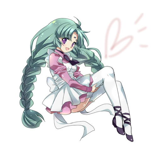 1girl, bia, bow, braid, canal_vorfeed, green_hair, long_hair, lost_universe, lowres, shoes, skirt, smile, solo, thigh-highs, twin_braids, twintails, violet_eyes, white_background, white_legwear